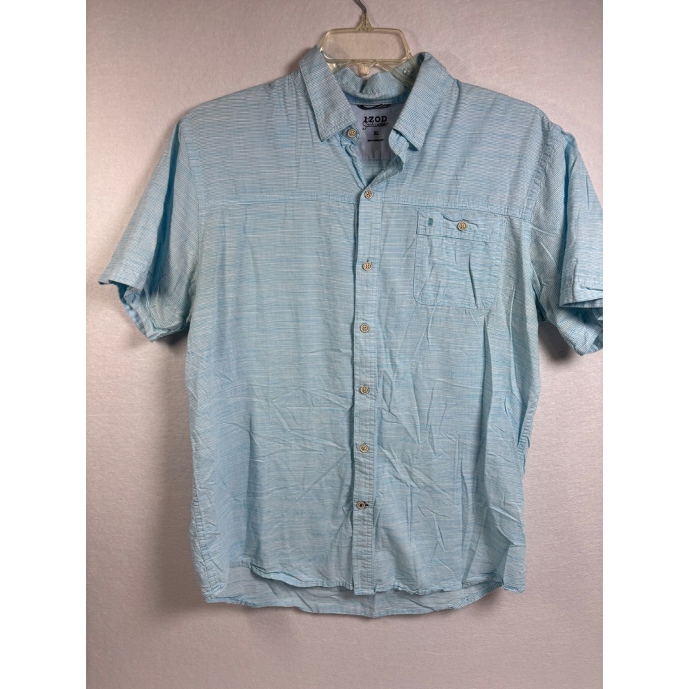 IZOD Saltwater Shirt Mens XL Blue White Cotton Striped Short Sleeve Pocket Prep